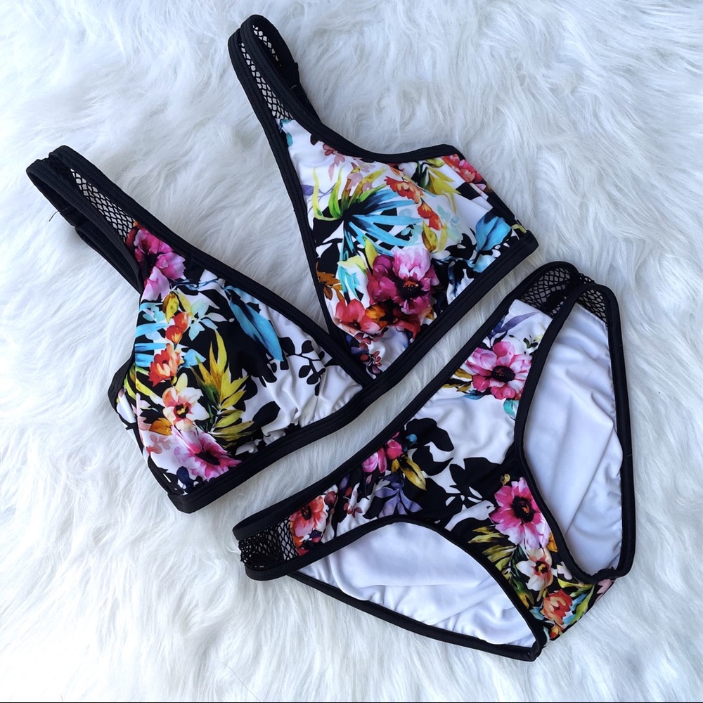 Floral and fishnet two piece swimsuit